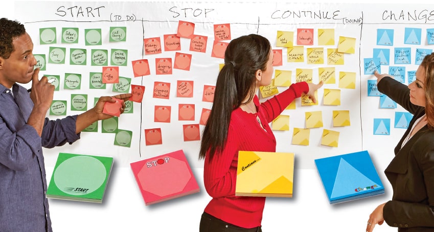 Start-Stop-Continue-Change exercise with learners and notepads