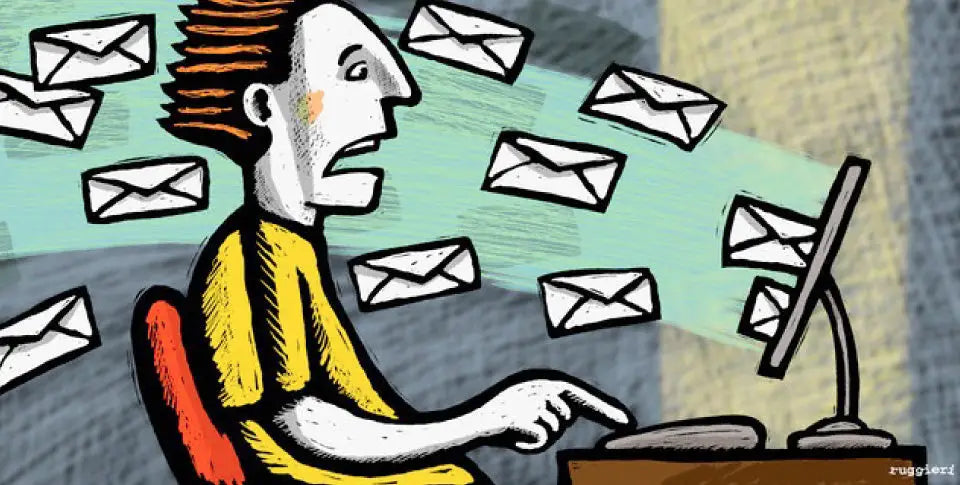 illustration of man dealing with barrage of emails coming out of a computer