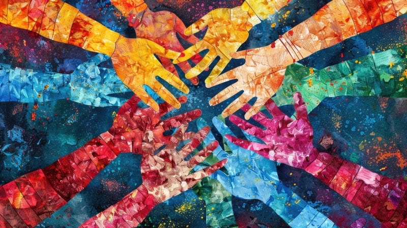 Diverse hands reaching into center