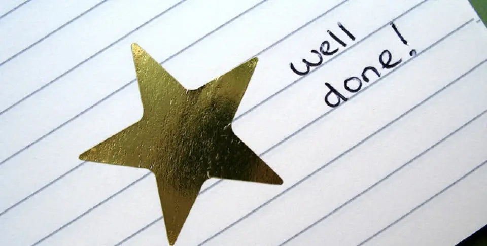 Gold star seal on lined paper with note, "well done!"