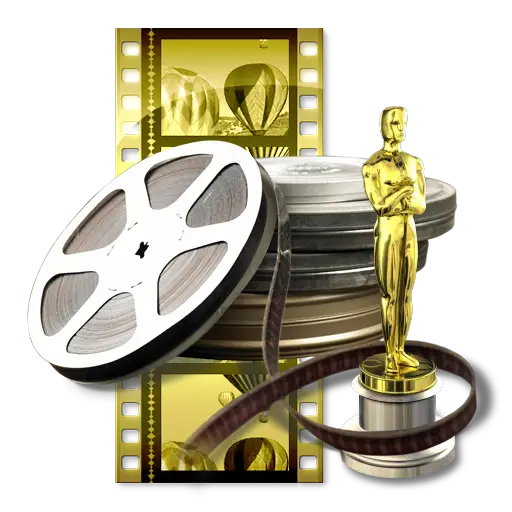 icons of the movie industry: award, film reels, and film negatives