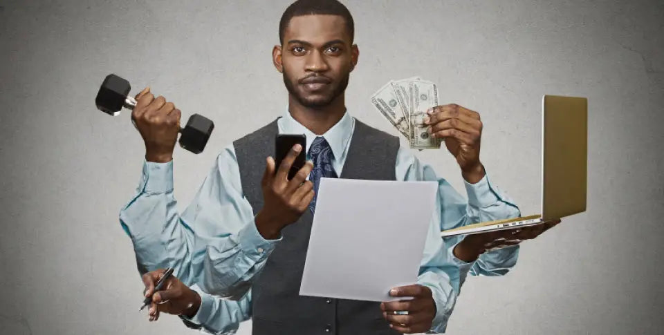 man with 7 arms, multitasking
