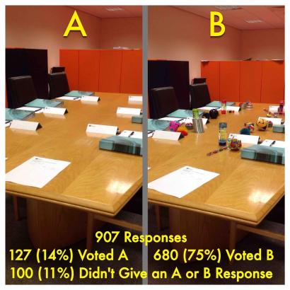 comparison of two training tables -- one with fidget toys and one without