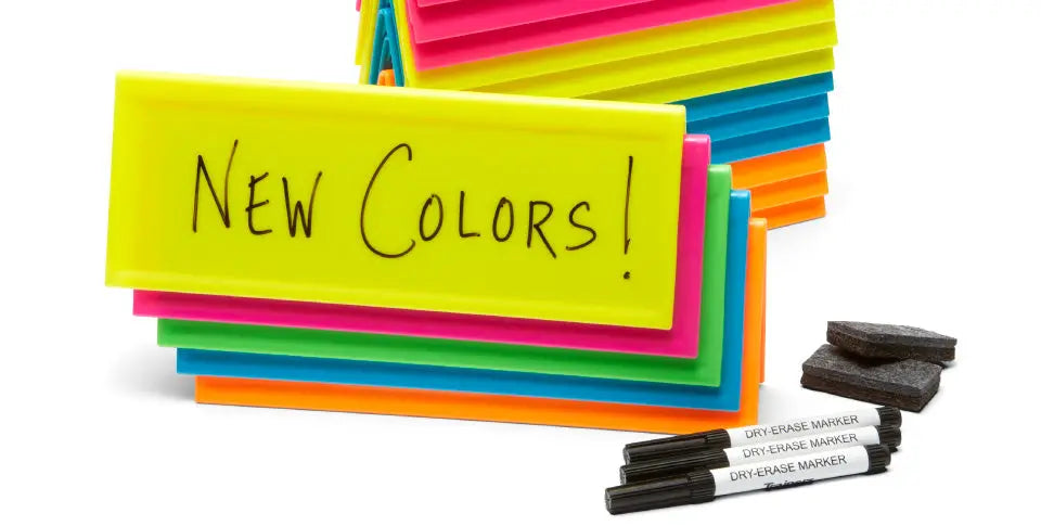 Stack of Neon Name Card Table Tents with markers and erasers
