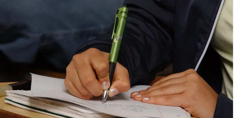 student taking notes on loose leaf paper