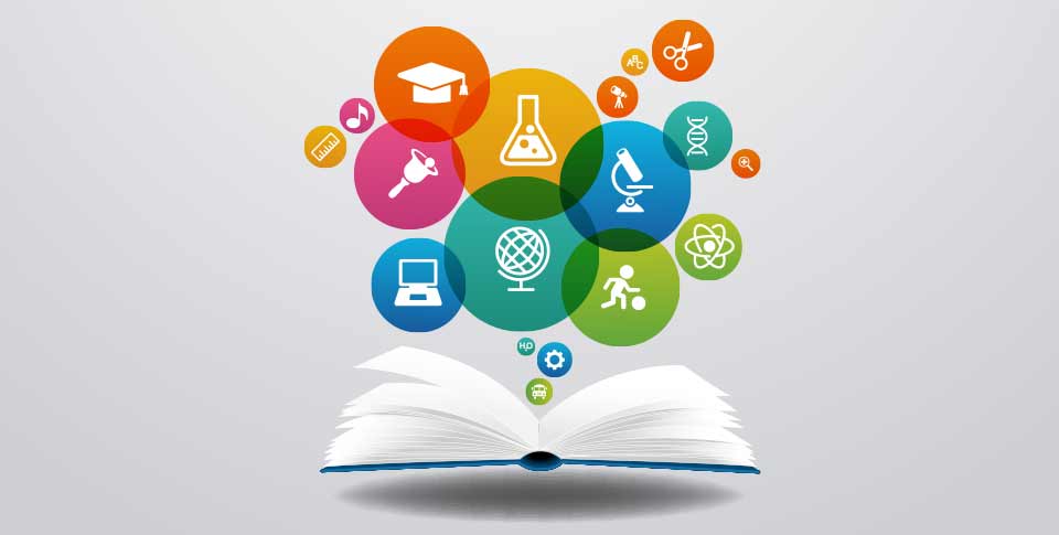 open book graphic with icons popping out
