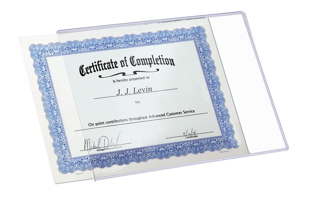8.5x11 DocU-Sleeve with certificate halfway in