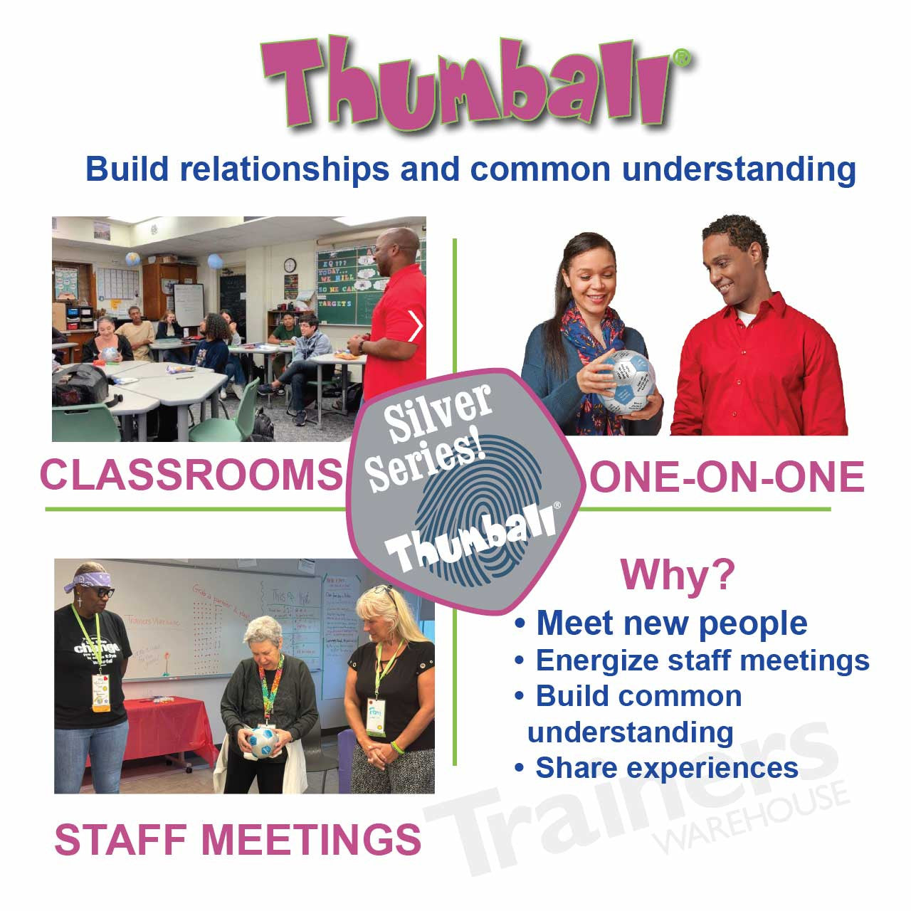 Use the Common Ground Thumball from Trainers Warehouse in classrooms, staff meetings  or one-on-ones to build relationships and common understanding