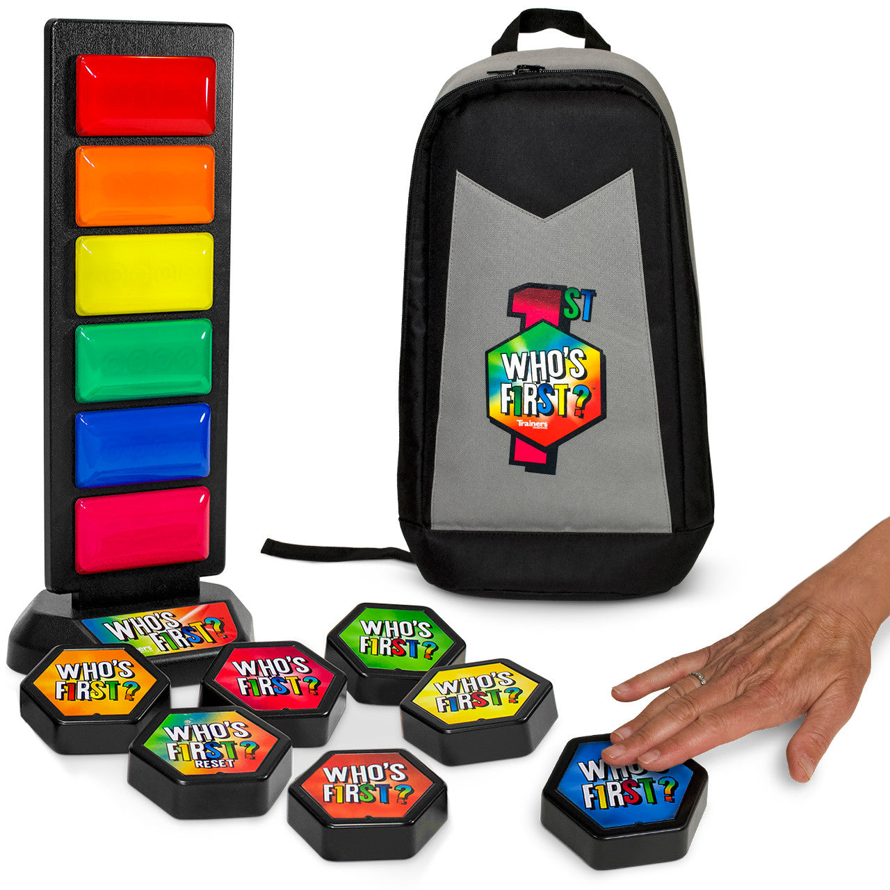 Who's First?  V8 Wireless Game Buzzer System Light Tower & Pads with Bag