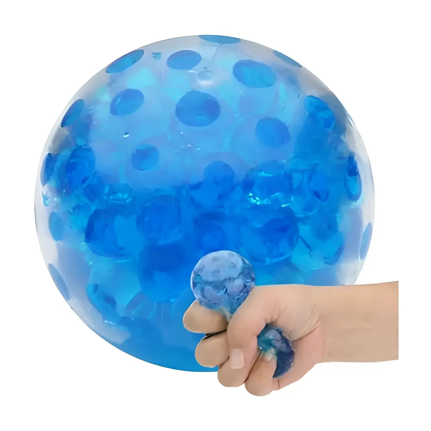 Beady Squeeze Ball - close up; with inset of hand squeezing the ball