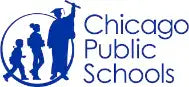 Blue silhouette logo of chicago public schools featuring a graduation cap and students.