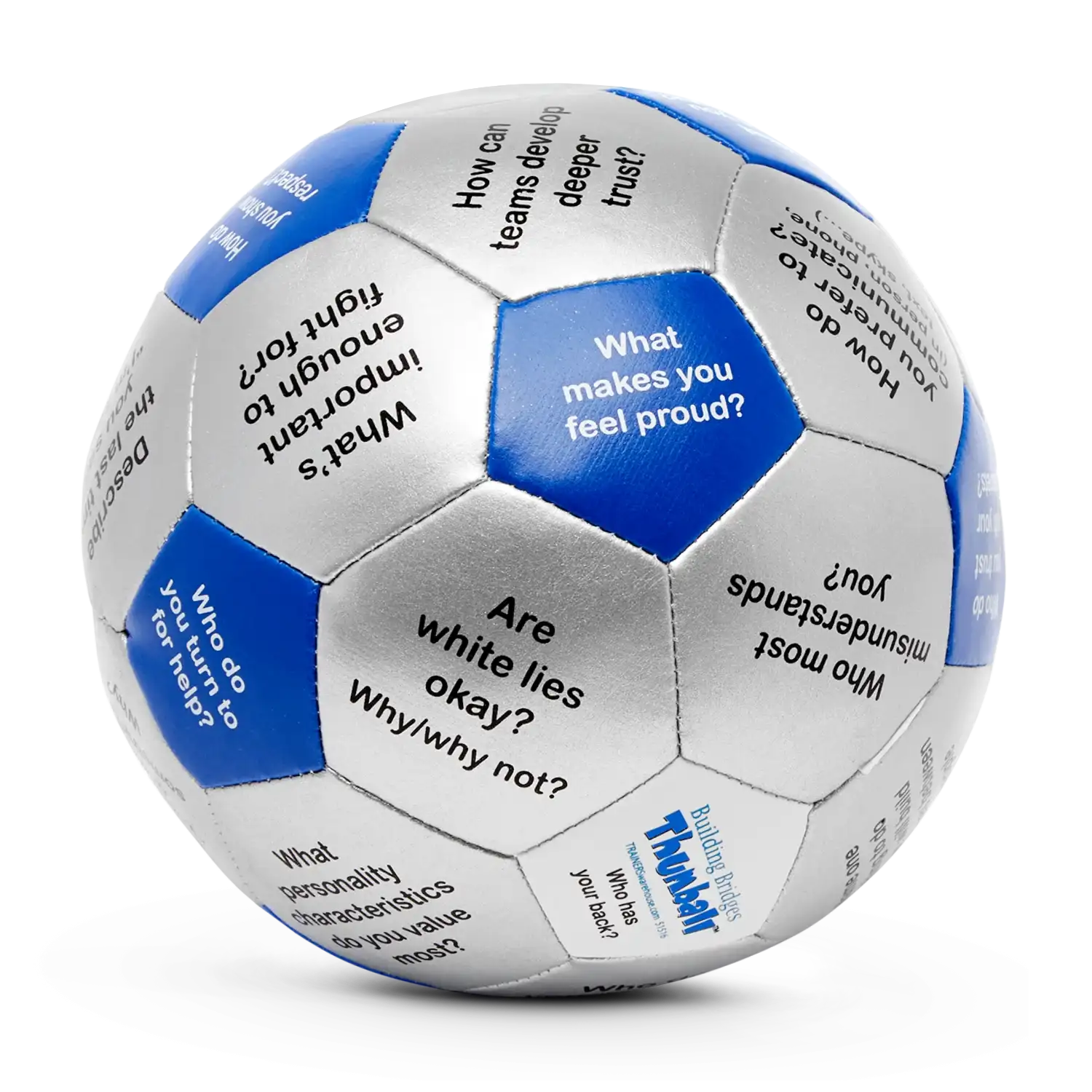 Blue and white soccer ball with printed questions on each panel.
