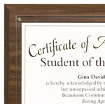 Certificate Plaque; close-up of walnut plaque