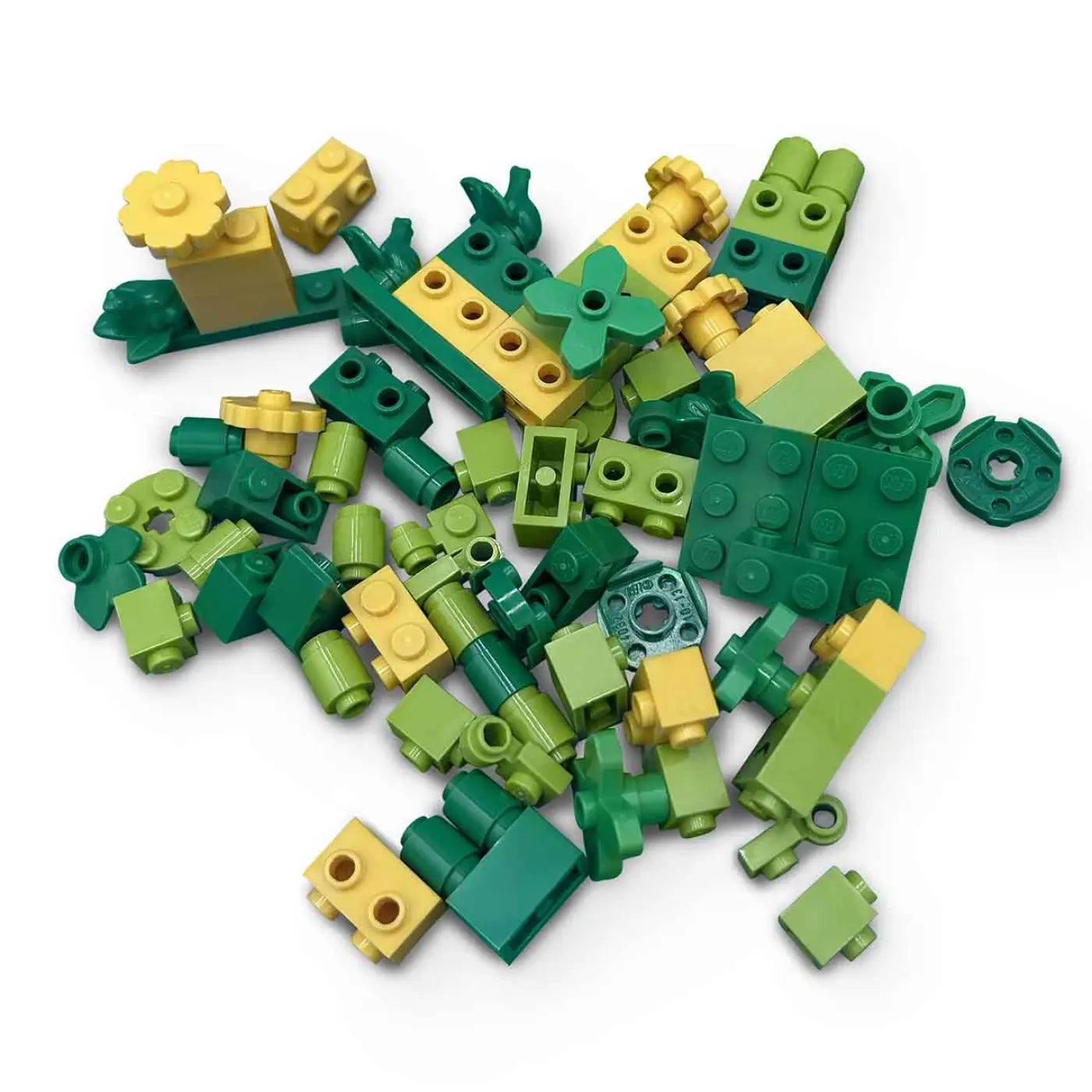 Pile of green and yellow LEGO bricks
