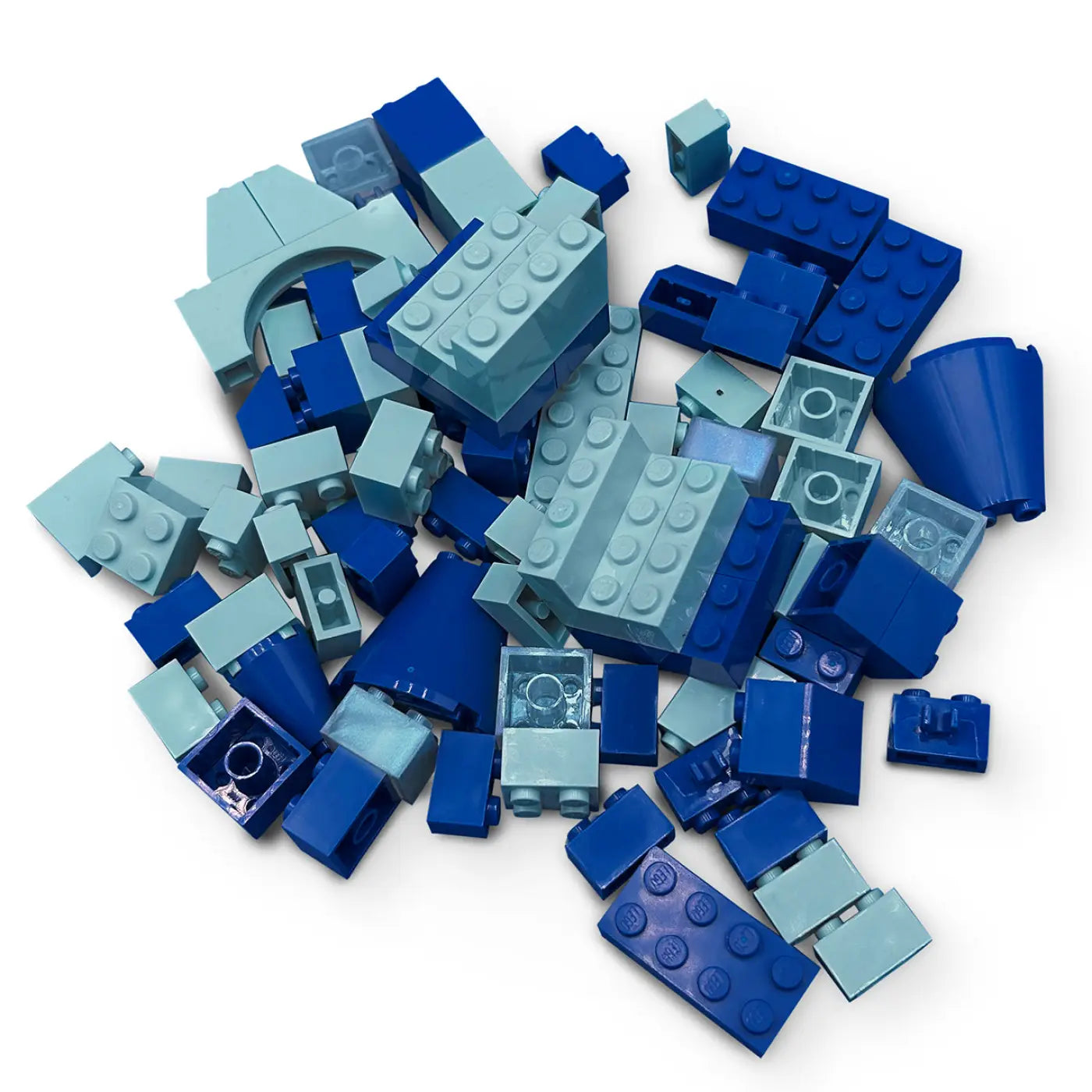 Pile of light blue and dark blue LEGO bricks