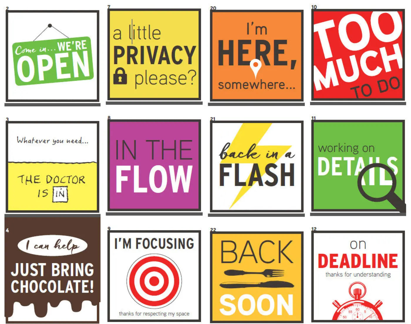 DeskMate, assortment of signs