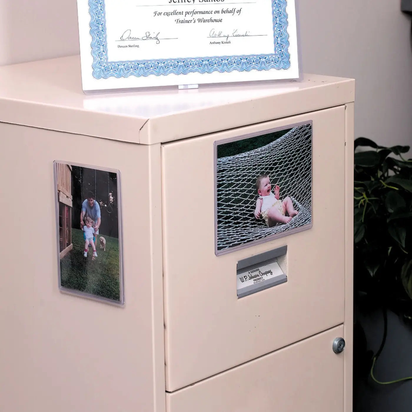 4x6 DocU-Sleeves protecting photos, shown on a filing cabinet