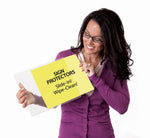 Woman holding 8.5x11 DocU-Sleeve and sliding in a sign