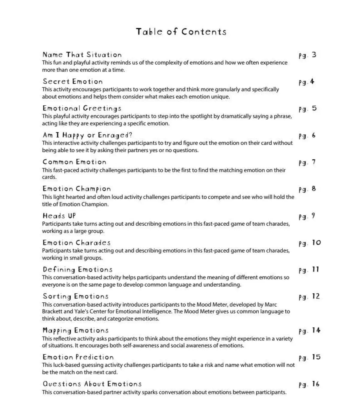 Emotions Card Deck Activities List