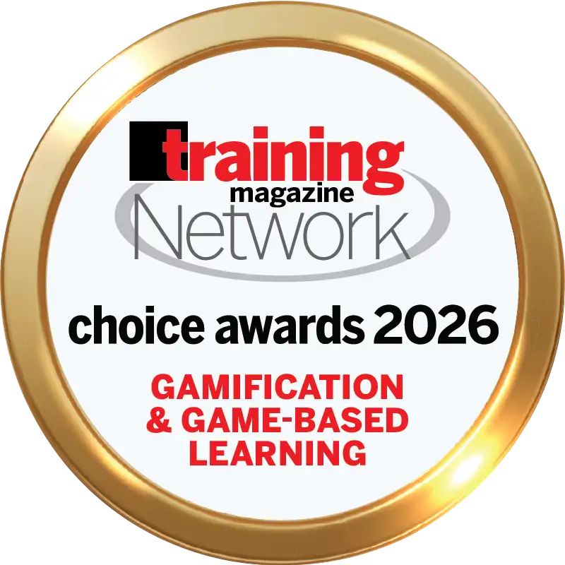 Gold-framed circular badge for the training magazine network’s 2026 choice awards in gamification & game-based learning.