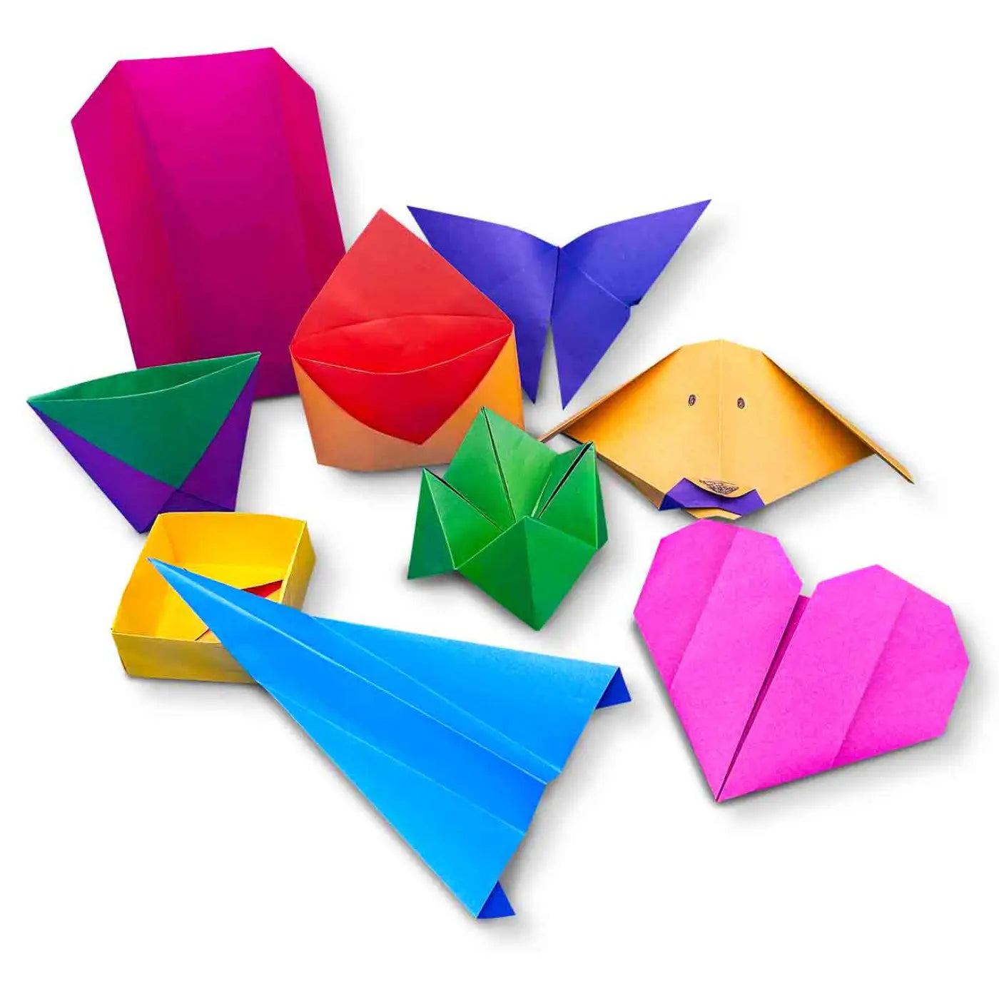 A collection of colorful origami paper models and boxes arranged on a plain white background, including a blue airplane, pink heart, green flower, yellow box, and other folded paper shapes in purple, red, and magenta.