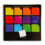 A square black booklet or instruction book cover featuring a grid of rainbow-colored sticky note graphics with matching color panels on the back. Small white icons and text appear near the bottom, and the title reads 'RAINBOW COLORS WITH MATCHING COLORS ON THE BACK.