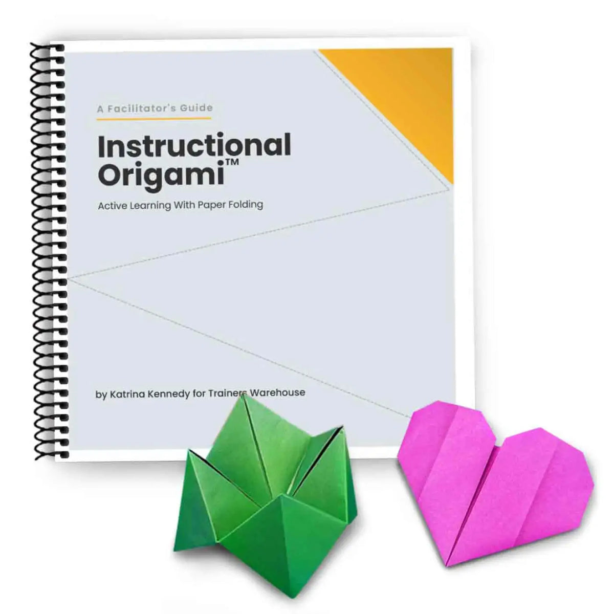 A spiral-bound booklet titled 'Instructional Origami' shown on a white background, with two folded paper origami models in front: a green one and a pink one.