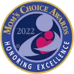 Mom’s choice awards 2022 seal featuring a blue and white circular design with a stylized mother-and-child silhouette.