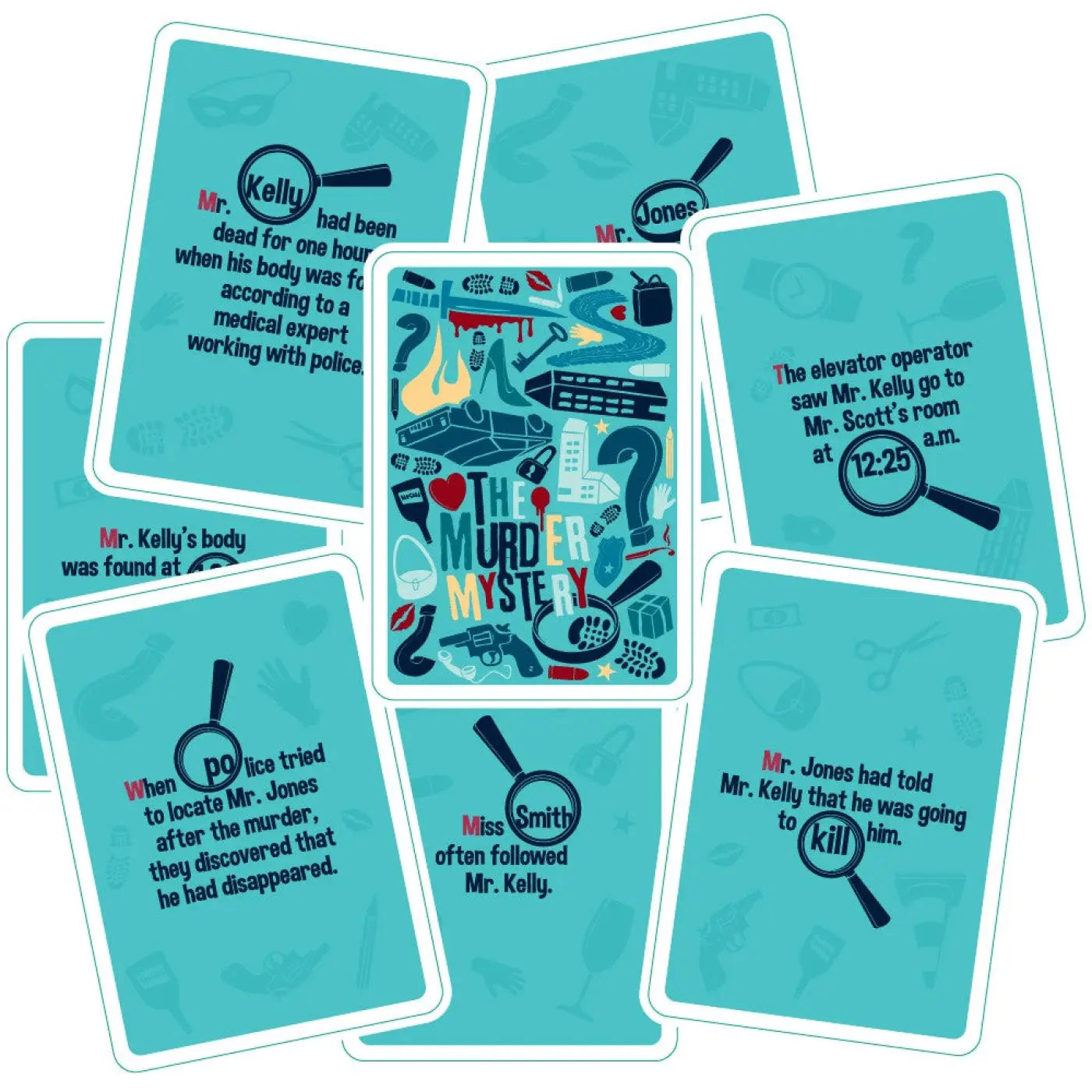 Murder Mystery Deck v3; assortment of clue cards