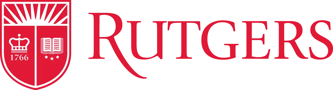 Red rutgers logo featuring a shield with a crown and open book, dated 1766.