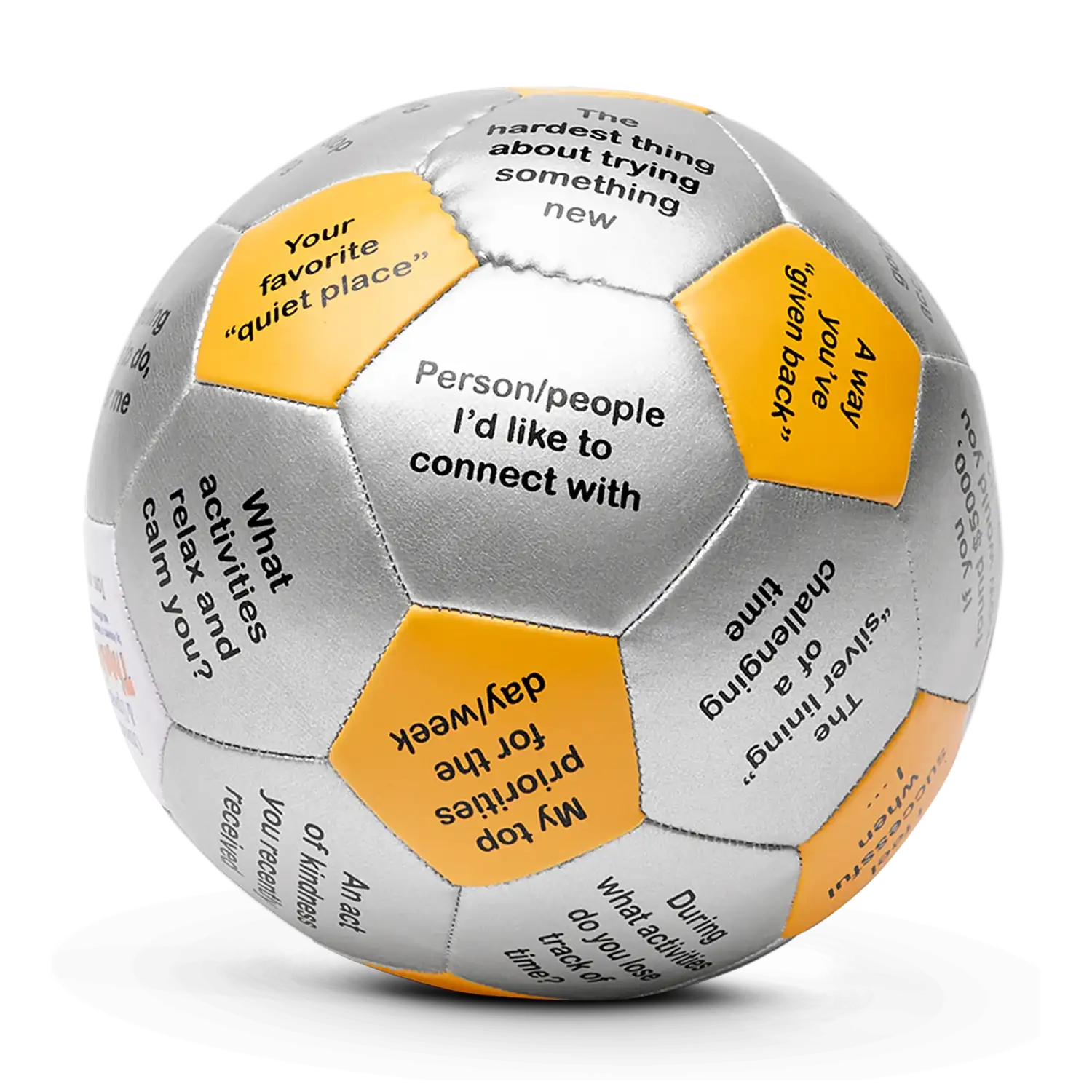 Silver and orange soccer ball with printed questions on each panel.