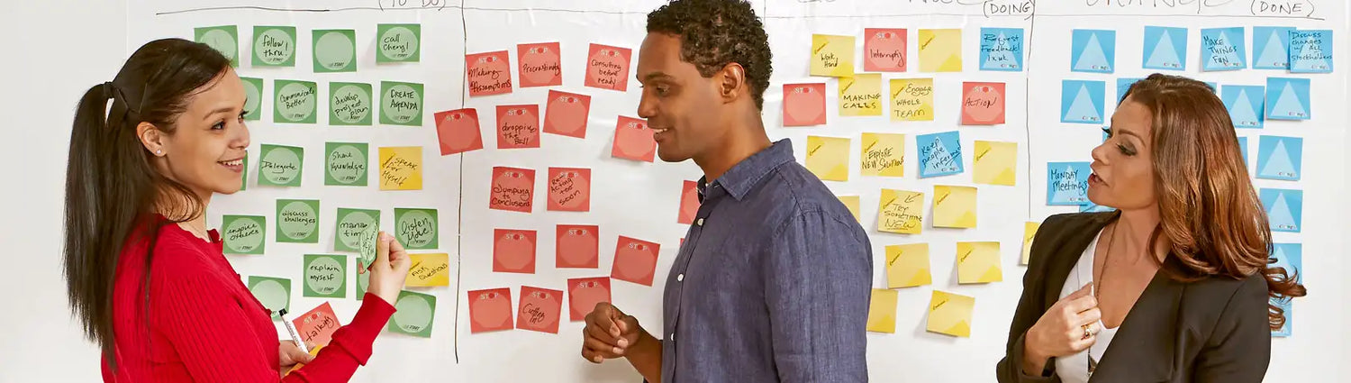 Whiteboard covered in colorful sticky notes organized into sections.