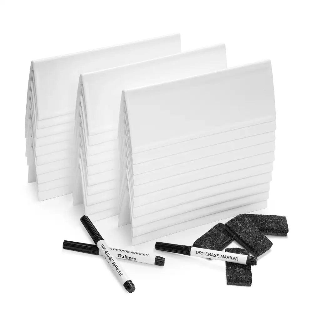 White dry-erase marker and eraser set with black caps, featuring a sleek design for clean writing on whiteboards.