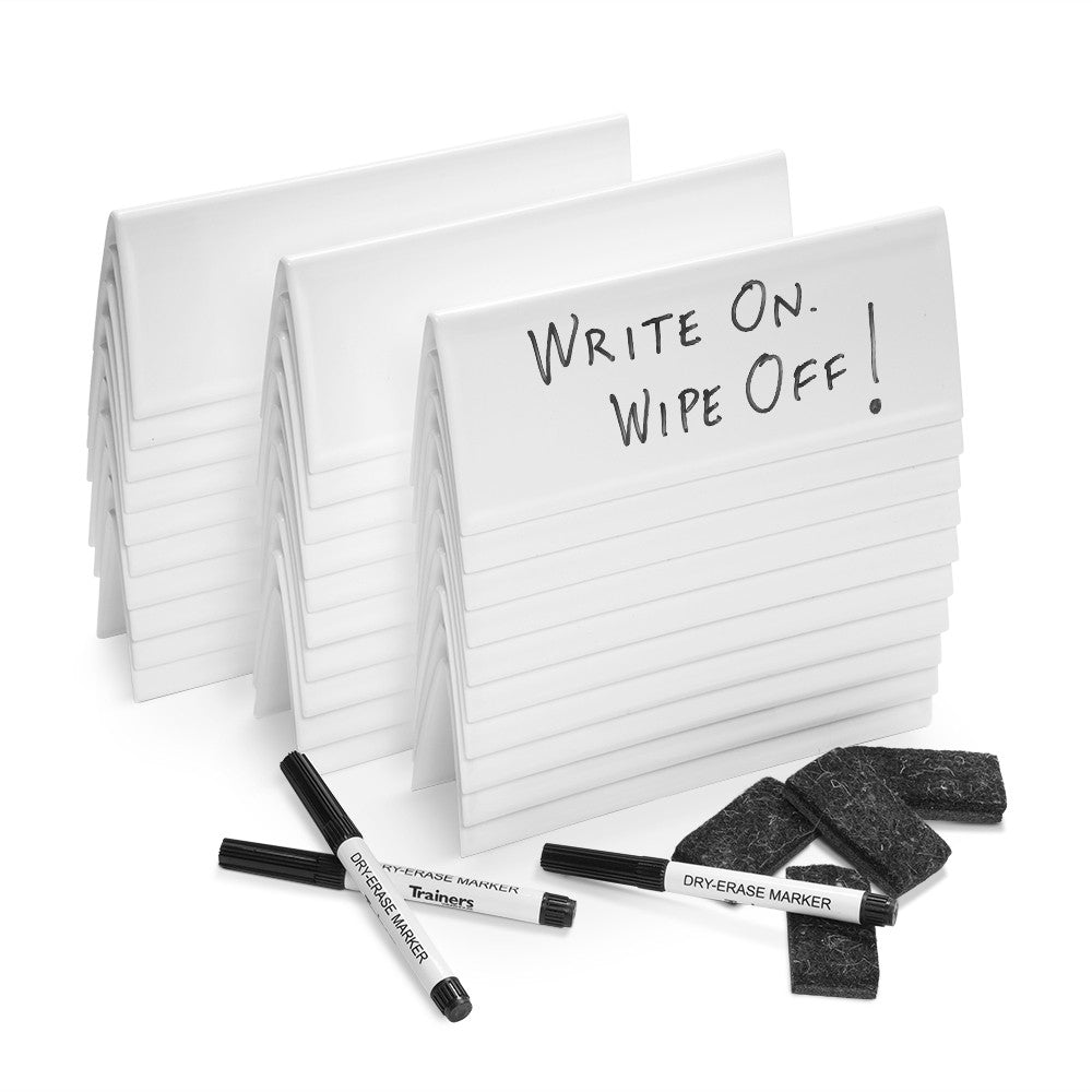 Set of 30 Reusable SMALL Tent Cards, plus Markers, Mini-Erasers; with writing on tent