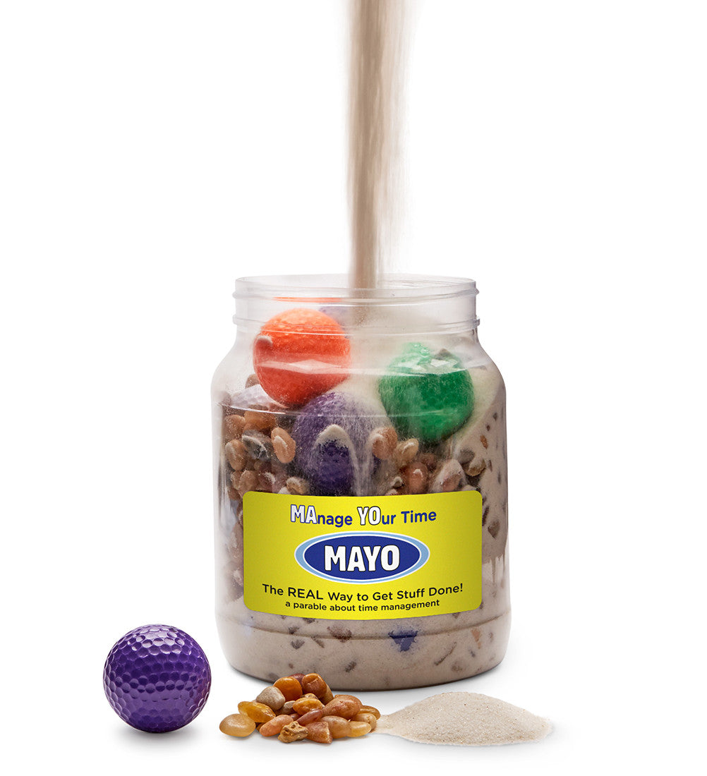 Mayo Jar, with sand, pebbles, and golf balls