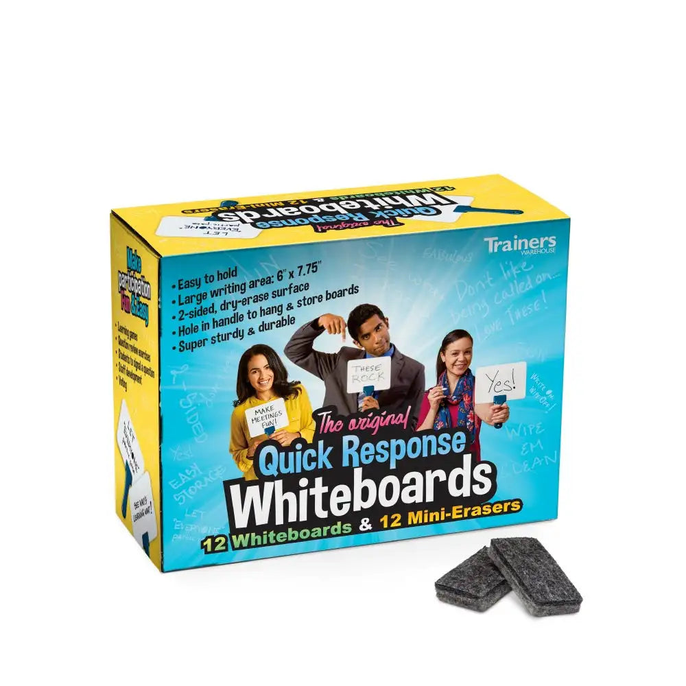 Yellow and blue box of the original quick response whiteboards with 12 mini-erasers.