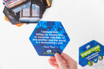 Hexagonal card with a quote on storytelling held by a hand, with additional cards in the background.