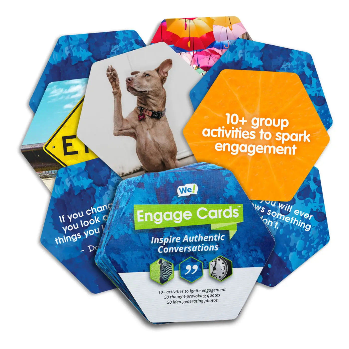 Hexogonal We Engage Cards with questions and images