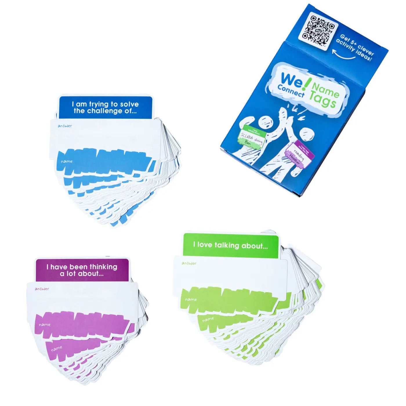 Set of question cards with colorful backgrounds and text, including a box labeled 'Well Name Connect Name Tags'. - Trainers Warehouse