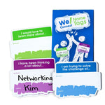 Set of name tags with various prompts and a packaging box labeled 'We! Connect Name Tags' on a white background. - Trainers Warehouse