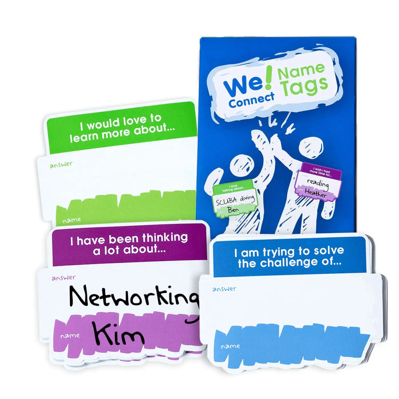 Set of name tags with various prompts and a packaging box labeled 'We! Connect Name Tags' on a white background. - Trainers Warehouse