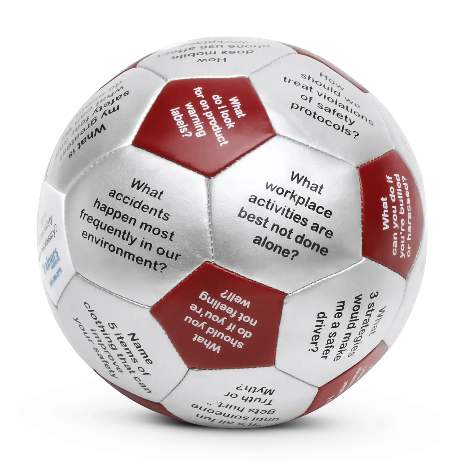 A white and red soccer ball with safety-related questions printed on each panel.